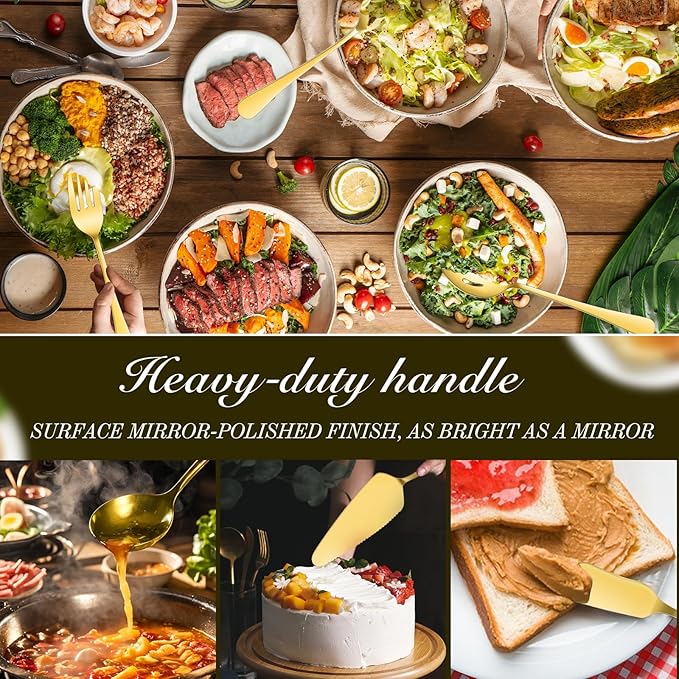 MWELLEWM 17Pcs Serving Utensils, Gold Stainless Steel Large Serving Spoons, Slotted Spoon, Fork, Tongs, Cake Pie Server, Soup Spoon, Metal Buffet Banquet Cutlery Set for Parties Entertaining Catering
