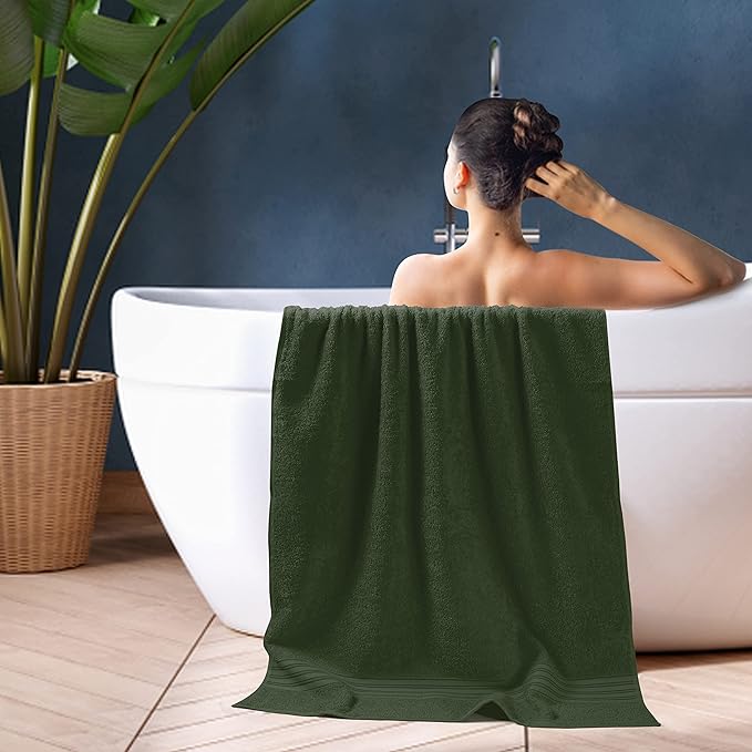 BOUTIQUO 100% Cotton 2 Pack Bath Towel Set 28x55, Eco-Friendly Large Bath Towels, Compact Quickdry Lightweight Soft & Highly Absorbent Bath Towel, Ideal for Everyday Gym Travel Camp Pool - Olive Green