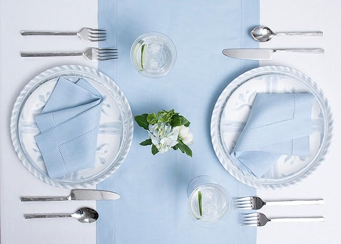 Solino Home Linen Sky Blue Table Runner 132 Inches Long - 100% Pure Linen Extra Long Table Runner 14 x 132 Inch for New Year - Classic Hemstitch