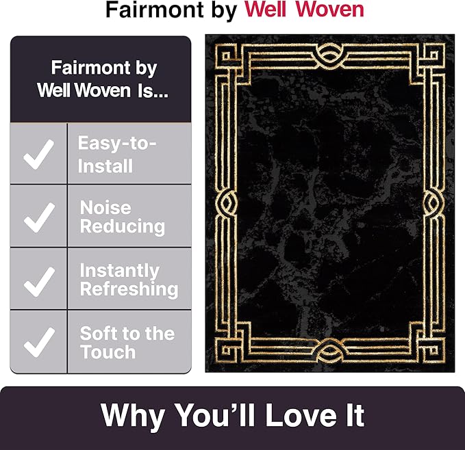 Well Woven Lezlee Abstract Modern 2'3" x 7'3" Runner - Black Gold Marble Border Elegant & Soft Rug - Perfect for Hallway, Entryway, Kitchen