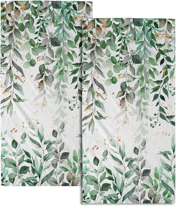 Imiss Eucalyptus Leaf Hand Towels Set of 2 Green Leaves Decorative Kitchen Dish Cloths 14.4 x 28.3 Inch Soft Small Fingertip Towel for Bathroom Hotel Gym Spa