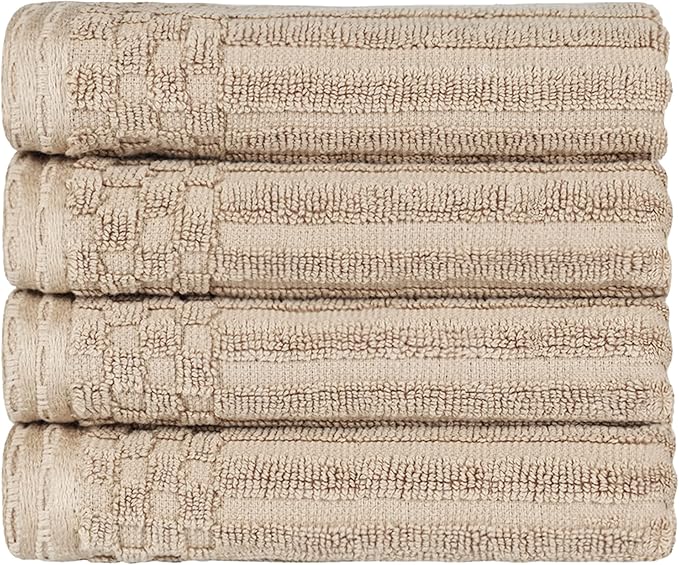 Cotton 4-Piece Solid and Ribbed Hand Towel Set, Hand Towels- 16" x 28", Ivory by Superior