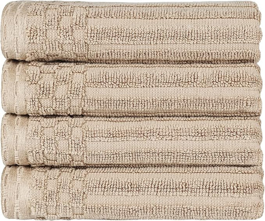 Cotton 4-Piece Solid and Ribbed Hand Towel Set, Hand Towels- 16" x 28", Ivory by Superior