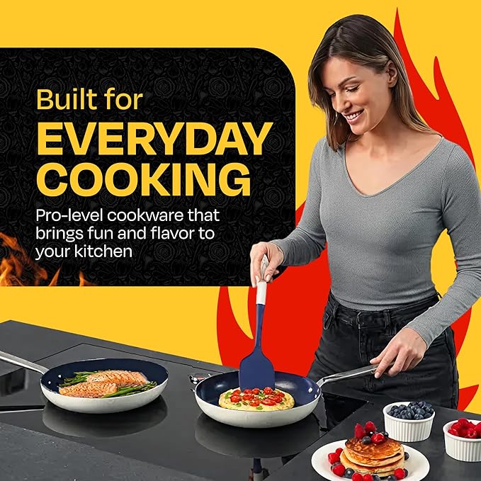 Guy Fieri's Flavortown 2-Piece Ceramic Cookware Set, Nonstick Frying Pan Set 10" and 12", Easy-Clean Kitchen Cookware, Made without PFAS PTFE PFOA, Induction Compatible, Dishwasher Safe, Blue & White