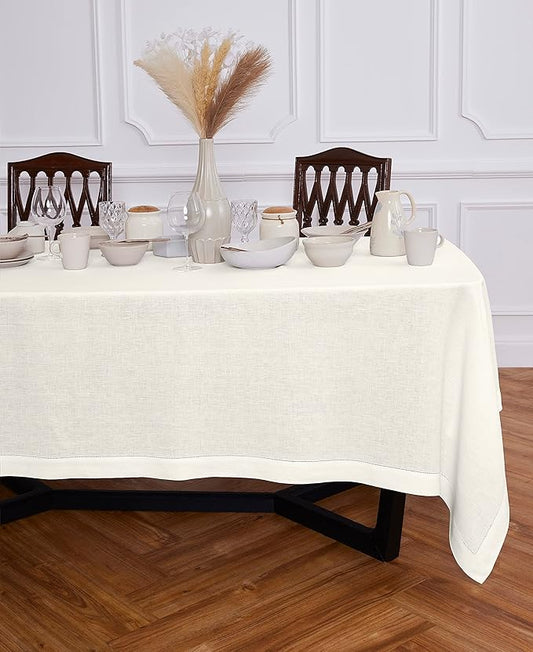 Solino Home Ivory Linen Tablecloth 70 x 144 Inch - 100% Pure Linen Hemstitch Table Cloth for Rectangle Tables - Sonoma Hemstitch, Machine Washable Tablecloth for Holiday