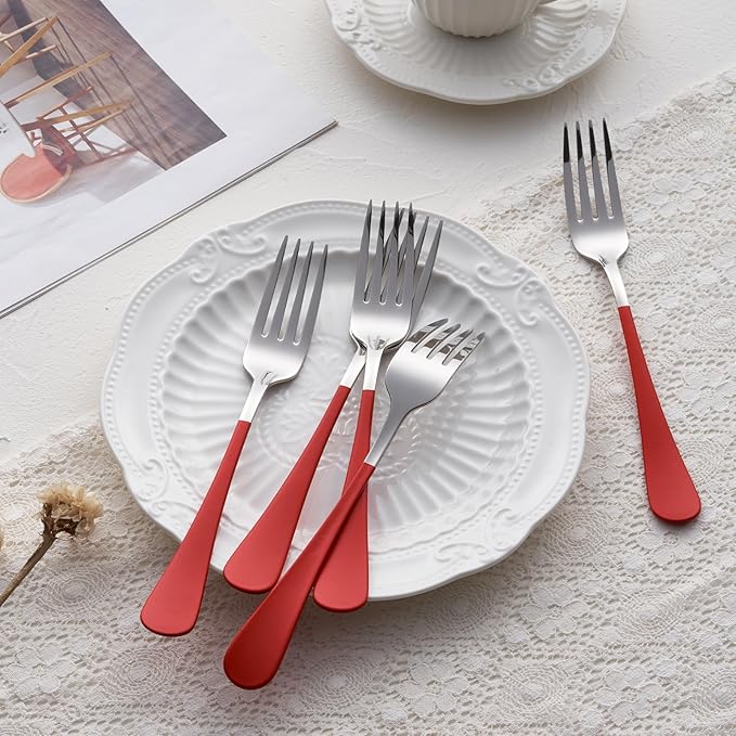 Red Dinner Fork, 18/0 Red handle Stainless Steel Satin Finish 8.1-inch Silverware Flatware Fork Set, Set of 24, Dishwasher Safe