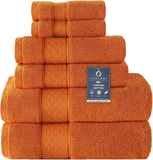 COZYART Orange Bath Towel Set 6 Piece, 2 Bath Towels 2 Hand Towels 2 Washcloths, Luxury 100% Turkish Cotton 650GSM Hotel Quality, Soft, Absorbent, Towel Sets for Bathroom