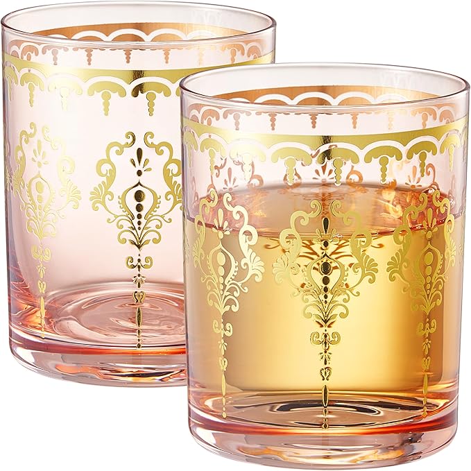 Khen Pink Moroccan Tumbler Glassware | Set of 2 | Gold Ornate Vintage Decorative Drinking Cups, Retro Bohemian Pattern Barware for Water, Whiskey, Cocktail, Iced Tea, Durable Embossed Home Drinkware