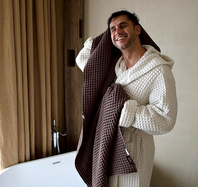 Luxury Organic Japanese Cotton Waffle Bath Towel | Thick, Absorbent, Quick Dry Bathroom Towels for Shower, Sauna, Onsen| Hotel & Spa Quality, Gift-Ready (Dark Cocoa, Hand Towel (3 Pack))