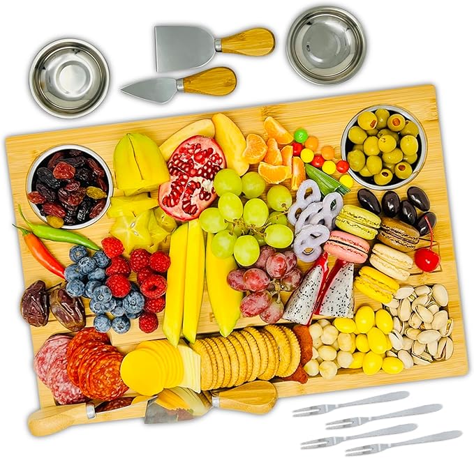 Bamboo Cheese Board with Knives & Bowls - Extra Large Wooden Cutting Board Platter for Wine & Charcuterie