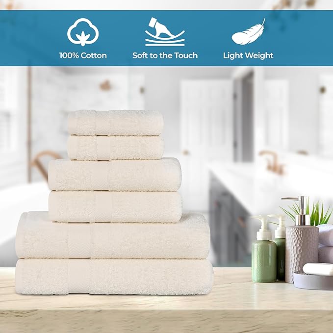 Superior 6-Piece Cotton Assorted Towel Set, Includes 2 Face/Washcloths, 2 Hand, and 2 Bath Towels, Lightweight Essentials, for Home, Gym, Beach, Bathroom, Quick Drying, Franklin Collection, Ivory
