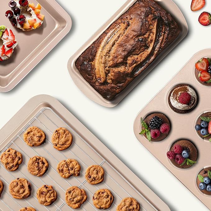 KITESSENSU Baking Pans Sets, Nonstick Bakeware Set 7-Piece with Round/Square Cake Pan, Loaf Pan, Muffin Pan, Cookie Sheet, Roast Pan, Cooling Rack & Silicone Oven Mitts, Carbon Steel Bake Set,Gold