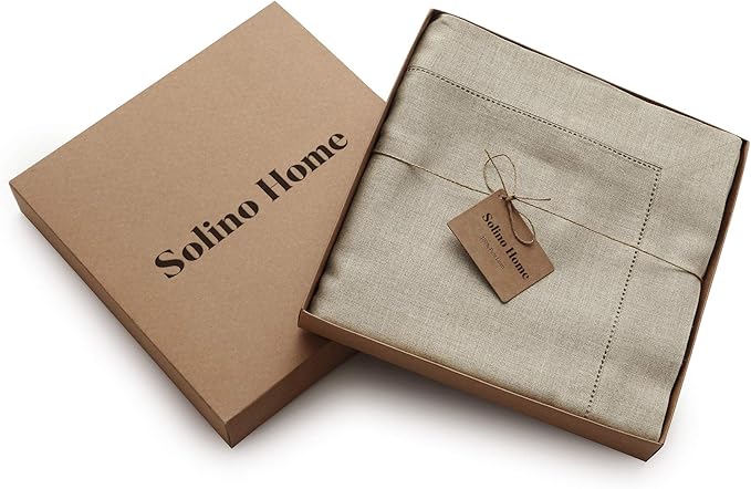 Solino Home Natural Linen Tablecloth 60 x 120 Inch - 100% Pure Linen Hemstitch Table Cloth for Rectangle Tables - Classic Hemstitch, Machine Washable Tablecloth for Holiday, New Year