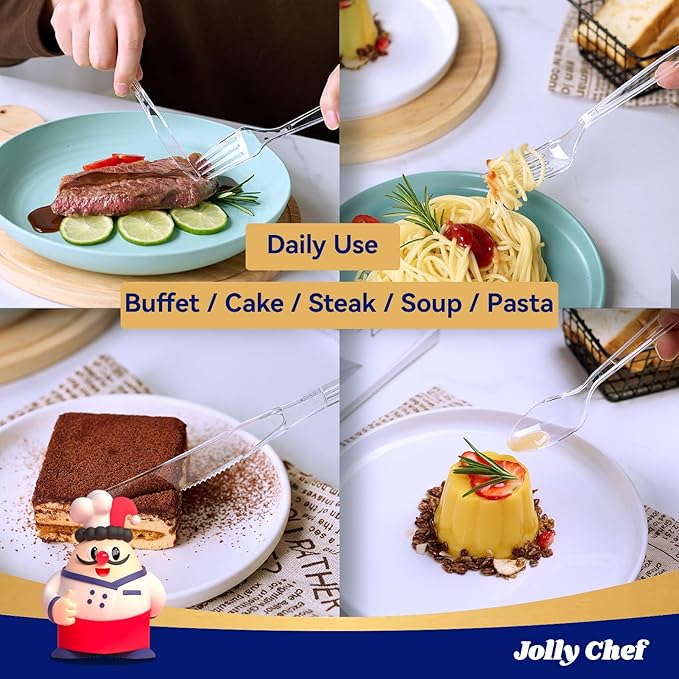 JOLLY CHEF 360 Count Clear Plastic Silverware Heavy Duty-180 Forks, 120 Spoons, 60 Knives, Heat Resistant Plastic Cutlery, Disposable Utensils Set for Parties, Events, Everyday Use