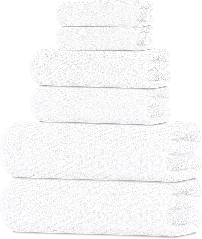 Tens Towels Pack of 6 Zero Twist Towels Set, 2 Bath, 2 Hand, 2 Waschloths, 100% Cotton, Light Weight, Extra Absorbent, Exceptional Softness, Perfect for Bathroom (White)