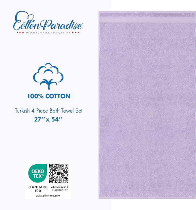 Cotton Paradise 4 Piece Turkish Bath Towels for Bathroom, 100% Cotton Extra Large Soft Plush Towels Bathroom Set, Lilac
