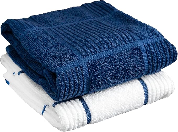T-fal Solid & Checked Parquet Kitchen Towels: Highly Absorbent, Super Soft Long Lasting - 100% Cotton, 16"x26" Dish Towels for Cleaning & Drying Dishes, Pans, Glassware, or Countertops, (2-Pack), Blue