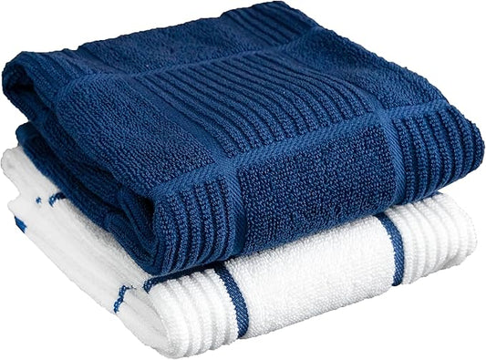 T-fal Solid & Checked Parquet Kitchen Towels: Highly Absorbent, Super Soft Long Lasting - 100% Cotton, 16"x26" Dish Towels for Cleaning & Drying Dishes, Pans, Glassware, or Countertops, (2-Pack), Blue