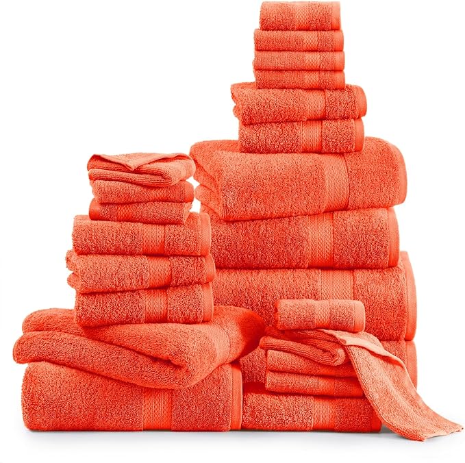 LANE LINEN 100% Luxury Cotton Bath Towel Set - Durable, Quick Dry, Ultra Soft & Highly Absorbent - 4 Bath, 4 Fingertip, 6 Hand Towel, 8 Washcloths, 2 Bath Sheets - Ring Spun Technology - Tiger Lily