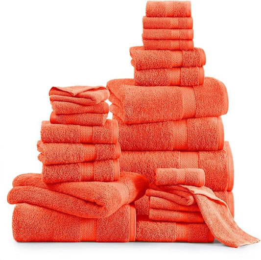LANE LINEN 100% Luxury Cotton Bath Towel Set - Durable, Quick Dry, Ultra Soft & Highly Absorbent - 4 Bath, 4 Fingertip, 6 Hand Towel, 8 Washcloths, 2 Bath Sheets - Ring Spun Technology - Tiger Lily