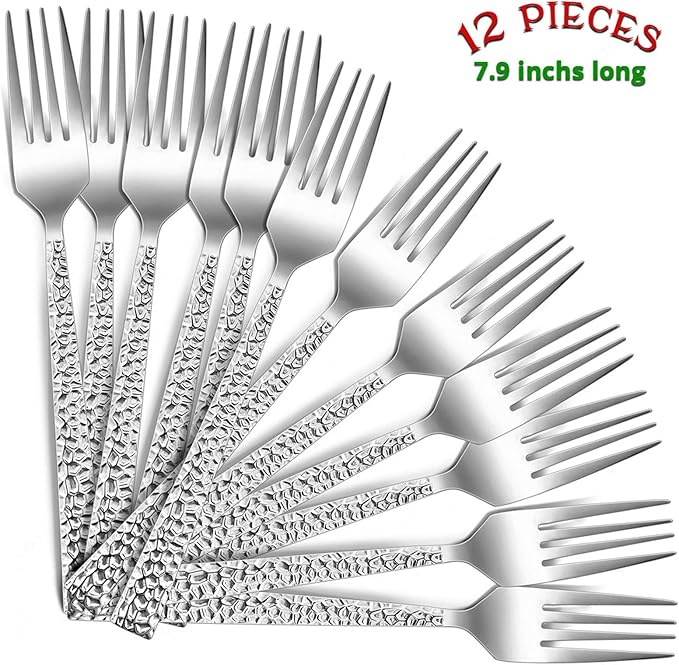 E-far 12-Piece Hammered Dinner Forks Set, 7.9 Inch Stainless Steel Forks for Home, Kitchen or Restaurant, Non-toxic & Mirror Polished, Squared Edge & Dishwasher Safe