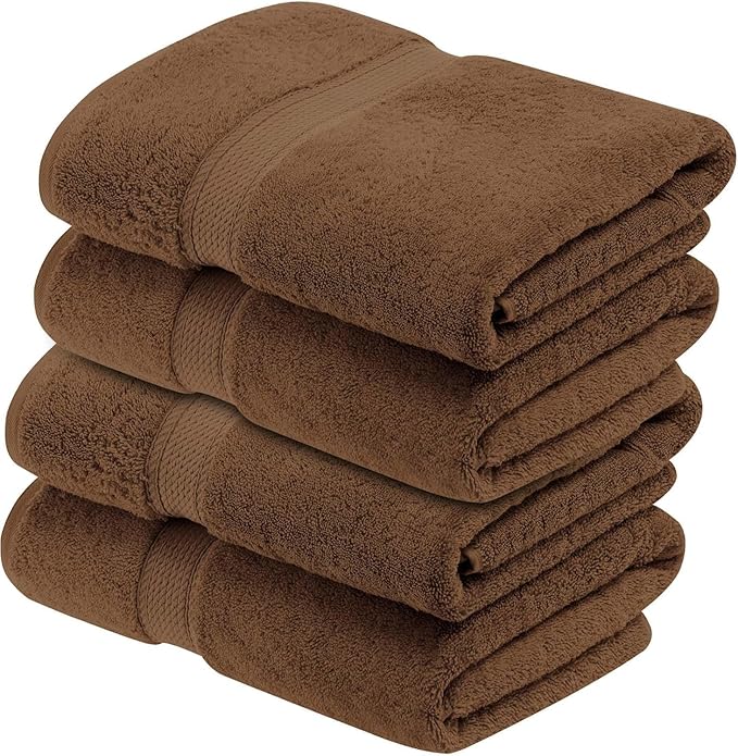 Superior Egyptian Cotton Pile Bath Towel Set of 4, Ultra Soft Luxury Towels, Thick Plush Essentials, Absorbent Heavyweight, Guest Bath, Hotel, Spa, Home Bathroom, Shower Basics, Chocolate