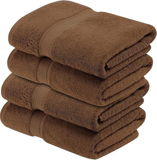 Superior Egyptian Cotton Pile Bath Towel Set of 4, Ultra Soft Luxury Towels, Thick Plush Essentials, Absorbent Heavyweight, Guest Bath, Hotel, Spa, Home Bathroom, Shower Basics, Chocolate