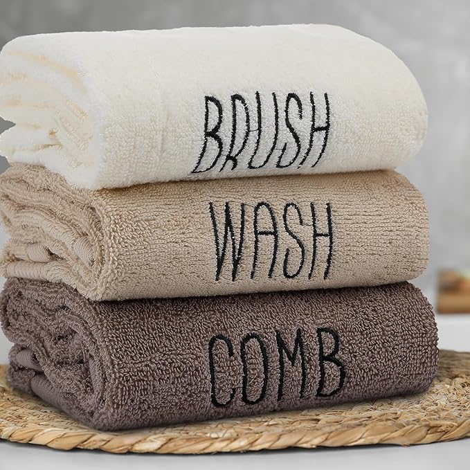 3 Pcs Farmhouse Decorative Hand Towels for Bathroom and Kitchen Rustic Embroidered 100% Cotton Hand Towels Decorative Set for Boho Bathroom Decor (Brown, Brush Comb Wash)