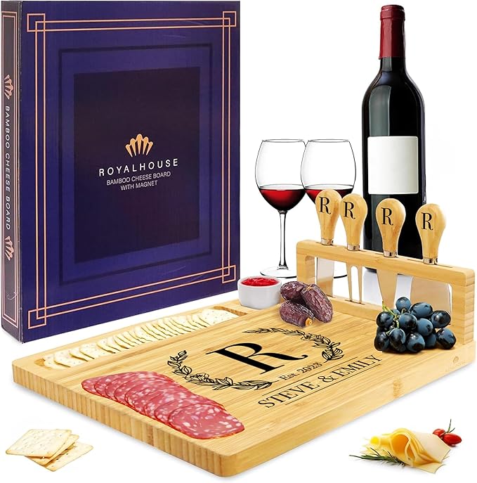 Personalized Cheese Board and Knife Set with Magnetic Holder, Serving Tray for Crackers, Meat, and Wine, Anniversary