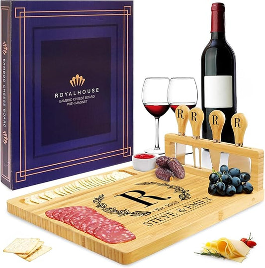 Personalized Cheese Board and Knife Set with Magnetic Holder, Serving Tray for Crackers, Meat, and Wine, Anniversary