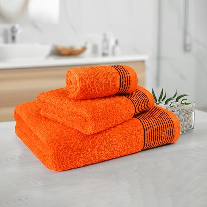 Belizzi Home Ultra Soft 3 Pack Cotton Towel Set, Contains a Bath Towel 28x55 inch, a Hand Towel 16x24 inch & a Wash Coth 12x12 inch, Ideal Everyday use, Compact & Lightweight -Orange