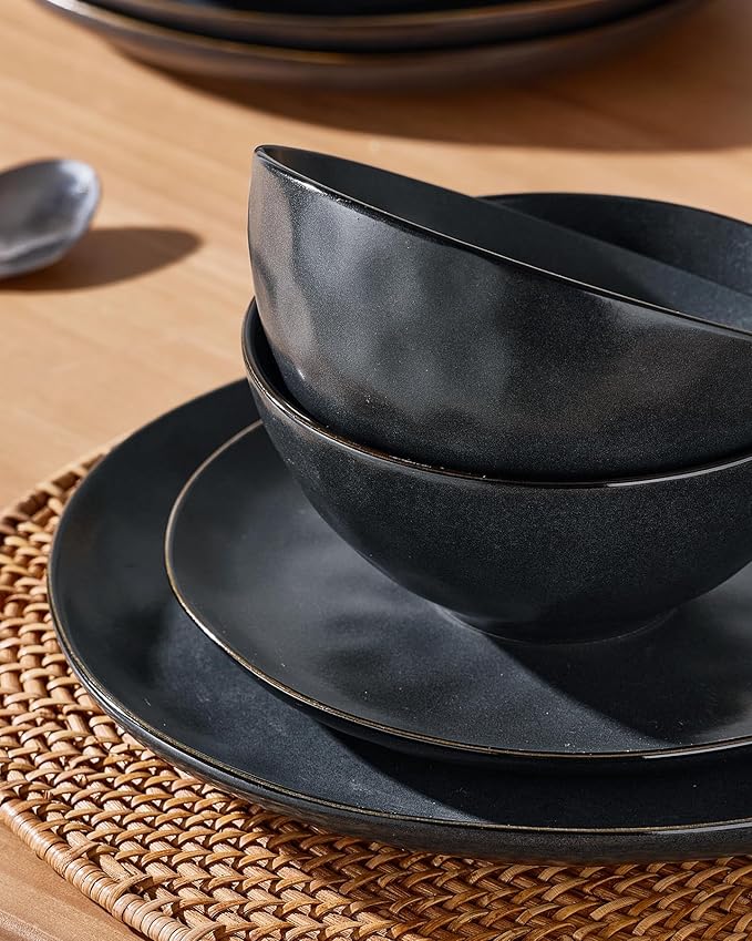 Famiware Dinnerware Sets for 4, Ocean Round 12-Piece Kitchen Plates and Bowls Sets, Microwave and Dishwasher Safe, Scratch Resistant, Matte Black