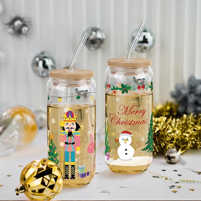Joeyan Christmas Glass Cups with Lids and Straws,Xmas Nutcracker Tumbler Iced Coffee Glass with Keychain and Socks,Decorative 20oz Drinking Glasses with Tree Soldiers Patterns,Gift for Women Family