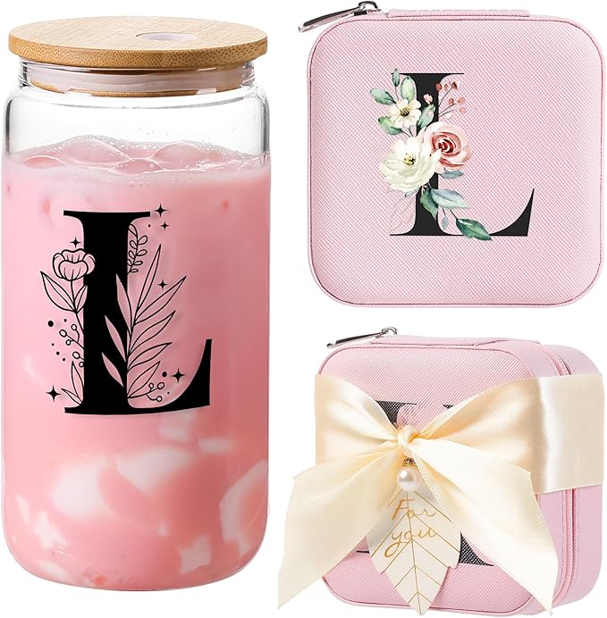 AYGXU Initial Jewelry Storage Set, Personalized Pink L Travel Case with Glass Cup & Bamboo Lid, Bridesmaid Gift
