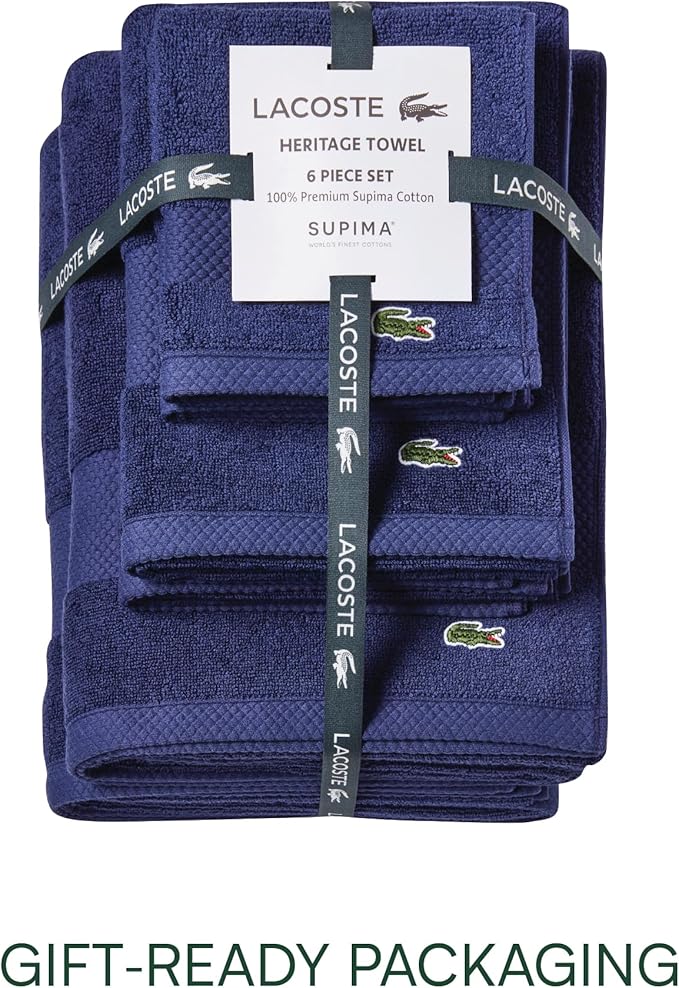 Lacoste Heritage Supima Cotton 6-Piece Towel Set, 2 Bath Towels, 2 Hand Towels, 2 Washcloths, Navy – Highly Absorbent & Quick Drying, Bathroom Essential, Machine Washable