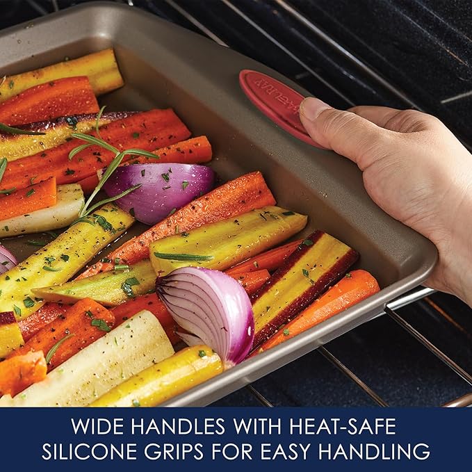 Rachael Ray Cucina Nonstick Bakeware Set Baking Cookie Sheets Cake Muffin Bread Pan, 10 Piece, Latte Brown with Cranberry Red Grips