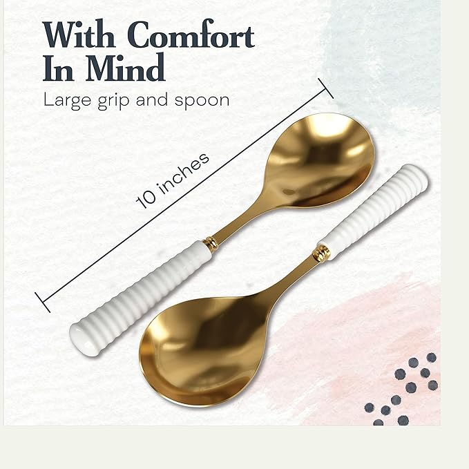 Portmeirion Sophie Conran Salad Servers 10-Inch - Set of 2, Gold Metal Spoons with Fine Porcelain Ripple Handles, Elegant Cutlery for Serving Salads & Dining Presentation