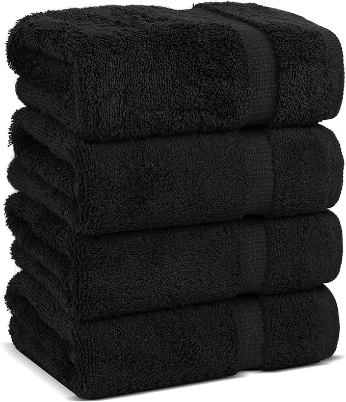 Chakir Turkish Linens 100% Cotton Premium Turkish Towels for Bathroom | 16'' x 30'' (4-Piece Hand Towel, Black)