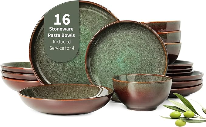 16 Piece Double Bowl Dinnerware Sets with Pasta Bowls, Highly Chip and Crack Resistant Plates and Bowls Sets, Natural Earthyware Ceramic Dishware Sets, Service for 4 Sage Green