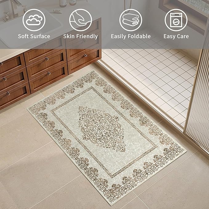 Easy-Going Boho Neutral Area Rug 2x3 Washable Entryway Rugs Front Door Mat Indoor Entrance Non-Slip Floral Brown Small Entry Rug for Living Room Bedroom Kitchen Bathroom Home Office Lightweight Carpet