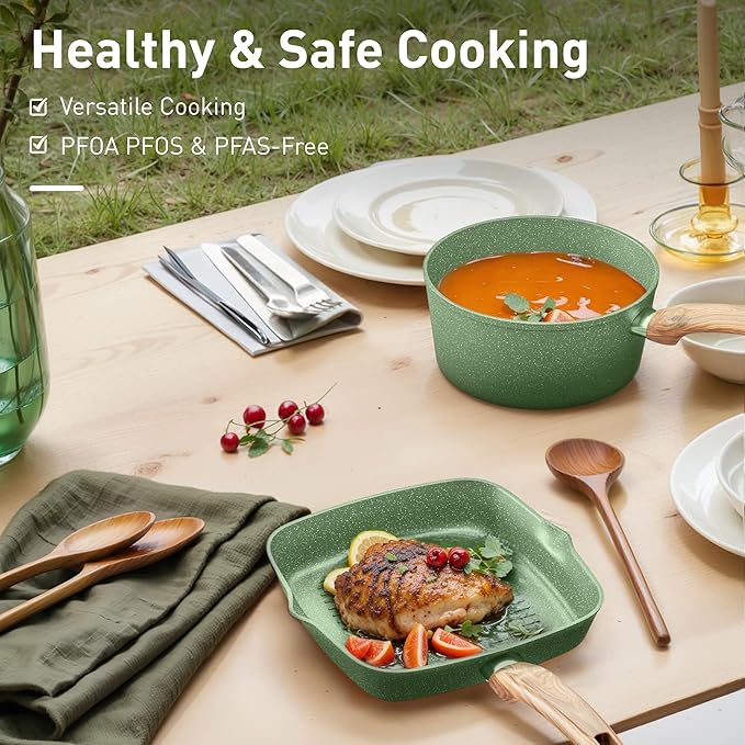 DishDelight Pots and Pans Set Non Stick, 17 Pieces Granite Kitchen Cookware Sets with Nonstick Granite Coating, Induction Cooking Set for Present, Green