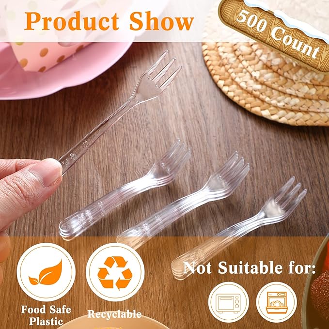Skylety 500 Pcs Plastic Mini Forks 3.7 x 0.6 Inch Tiny Small Disposable Appetizer Cocktail Tasting Forks Utensils for Fruit Dessert Cakes Serving Supply(Clear)