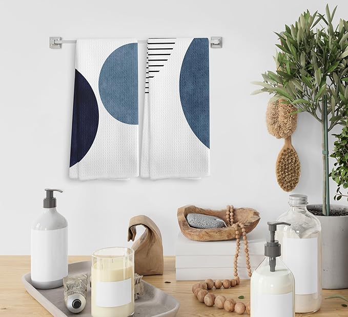 Boho Navy Blue Line Kitchen Towels and Dishcloths Set of 2, Boho Bohemian Dish Towels, Boho Absorbent Decorative Blue Hand Towels for Bathroom Kitchen, 16×24 Inches