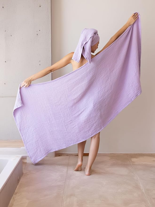 4 Pieces Muslin Towel Set for Bathroom, Luxury 100% Turkish Cotton Thin Soft Quick-Dry Lint-Free Large Size Bath Hand Towel Sets (Lilac, 2 Bath & 2 Hand Towel Set)