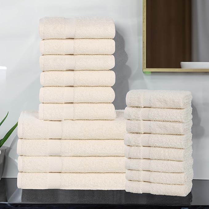Superior 18-Piece Cotton Assorted Towel Set, Includes 8 Face/Washcloths, 6 Hand, and 4 Bath Towels, Lightweight Essentials, for Home, Gym, Beach, Bathroom, Quick Drying, Franklin Collection, Ivory
