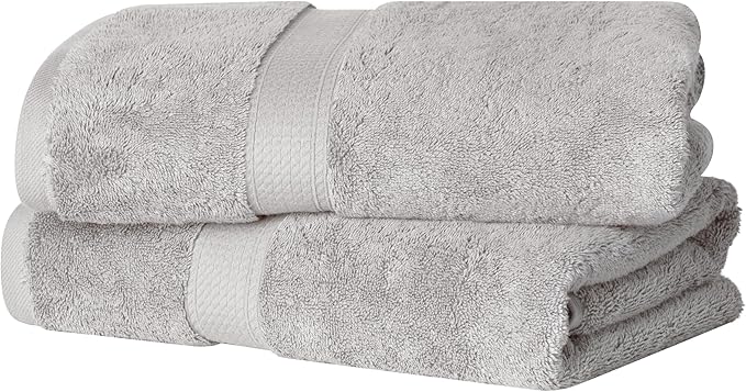 Superior Egyptian Cotton Pile Bath Towel Set of 2, Ultra Soft Luxury Towels, Thick Plush Essentials, Absorbent Heavyweight, Guest Bath, Hotel, Spa, Home Bathroom, Shower Basics, Silver