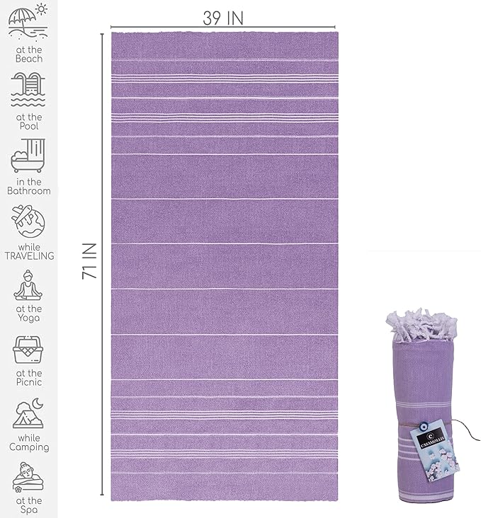 Turkish Beach Towel, Prewashed, 100% Cotton, Soft, Absorbent, Quick Dry, Sand Free Large Oversize Beach Towels for Bathroom Camping Yoga Gym Pool Travel Size 39x71 Inches (Lilac)