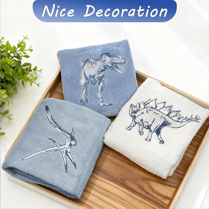 3 Pcs Dinosaur Decorative Hand Towels for Bathroom 13.5x29.5in Funny Dino Embroidered Bathroom Towels, Soft Absorbent 100% Cotton Hand Towels for Bath Room Kitchen(Blue)