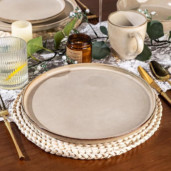 GBHOME 24 Pieces Double Bowls Ceramic Dinnerware Sets for 6, Stoneware Plates and Bowls Set with Reactive Glaze, Scratch Resistant Stoneware Dishes Set, Dishwasher & Microwave Safe