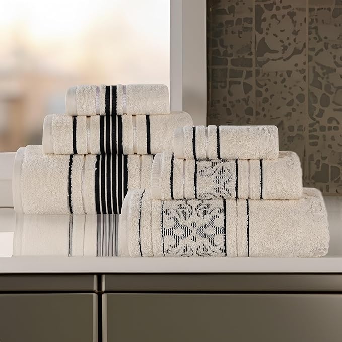 Superior Cotton 6 Piece Assorted Floral Towel Set, Includes 2 Bath, 2 Hand, 2 Washcloth/Face Towels, Quick Dry, Home Essentials, Shower, Spa, Luxury Plush Soft Absorbent Towels, Zero Twist, Ivory